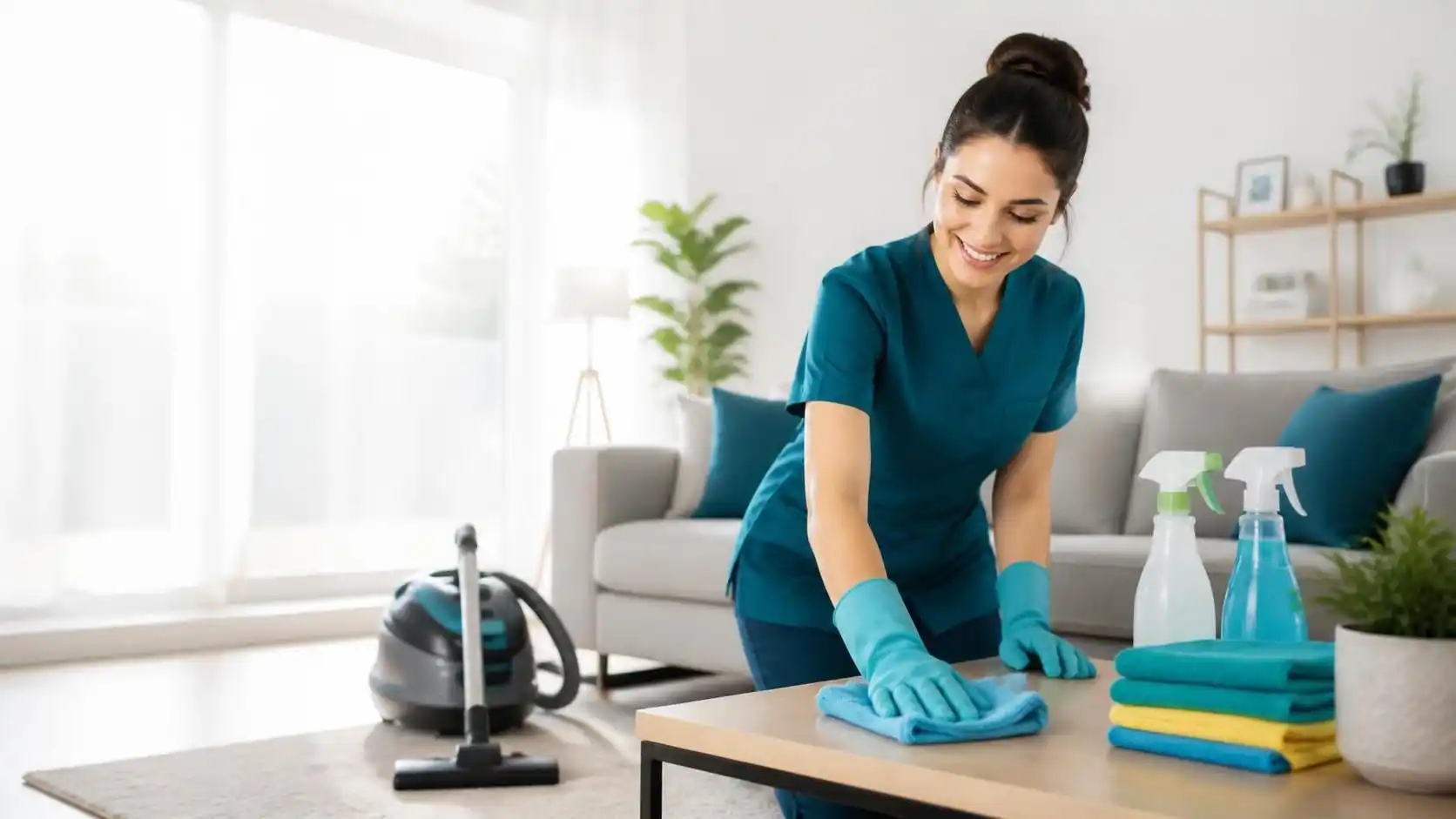 A Shine Pro Cleaning professional in uniform wiping down a coffee table in a bright living room